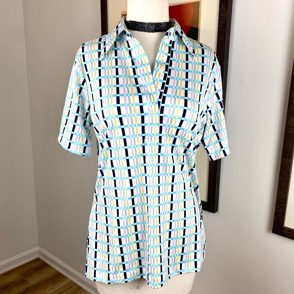 Vintage Geo Print Colorful Hooper Associates 70s Polyester Leisure Blouse 12